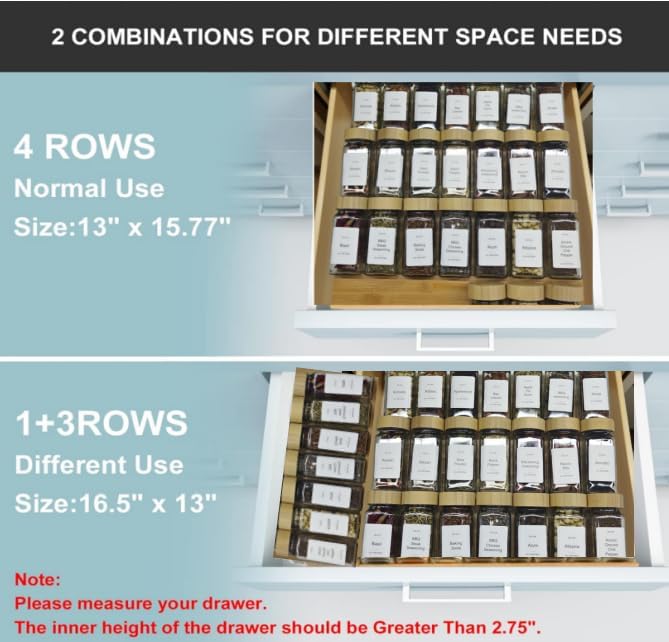 Spice Drawer Organizer with 24 Bamboo-lidded Spice Jars and 216 Labels,Non-slip Rubber, Bamboo 4 Tier Spice Racks Tray Seasoning Containers for Kitchen Drawers,Cabinets,13" Wide * 15.8" Deep-Ruum Studio Home