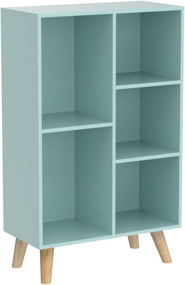 IOTXY Wooden Open Shelf Bookcase - 3-Tier Floorstanding Display Cabinet Rack with Legs, 5 Cubes Free Standing Bookshelf, Tiffany-Green-Ruum Studio Home
