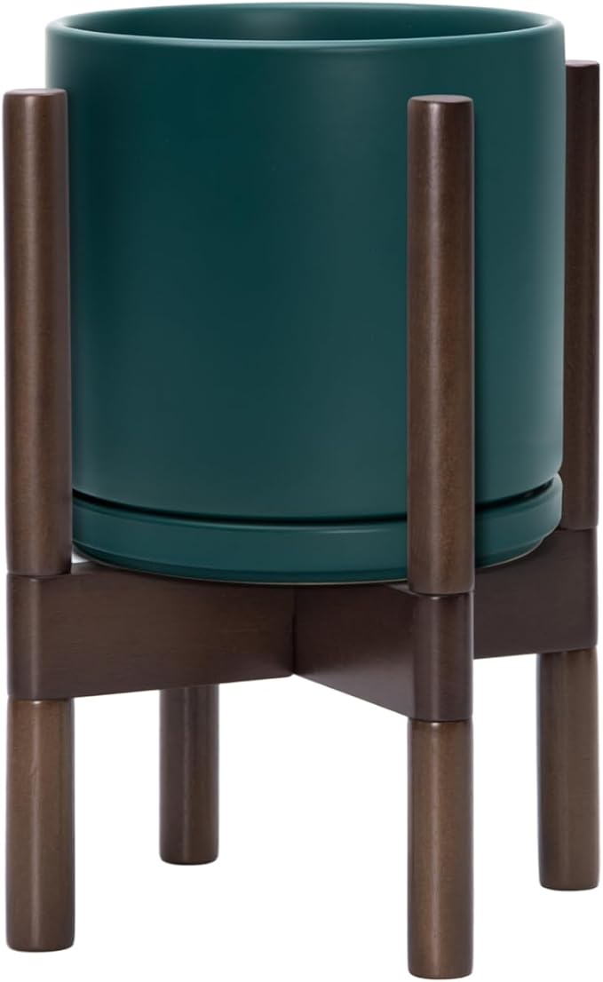 D'vine Dev Ceramic Planter with Walnut Color Stand - 8 Inch Modern Round Flower Pot with Wood Planter Holder, Teal, 55-B-Y-4-Ruum Studio Home