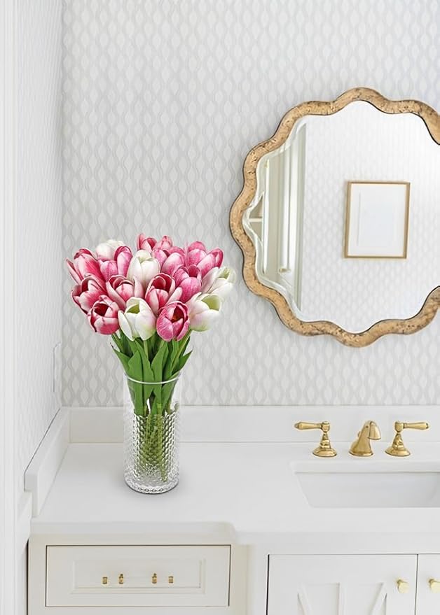 Artificial Tulips Flowers – 24" Long Stem Faux Tulips, 7PCS Real Touch Fake Pink Tulip for Vase, Farmhouse, Kitchen, Spring & Wedding Home Decor-Ruum Studio Home