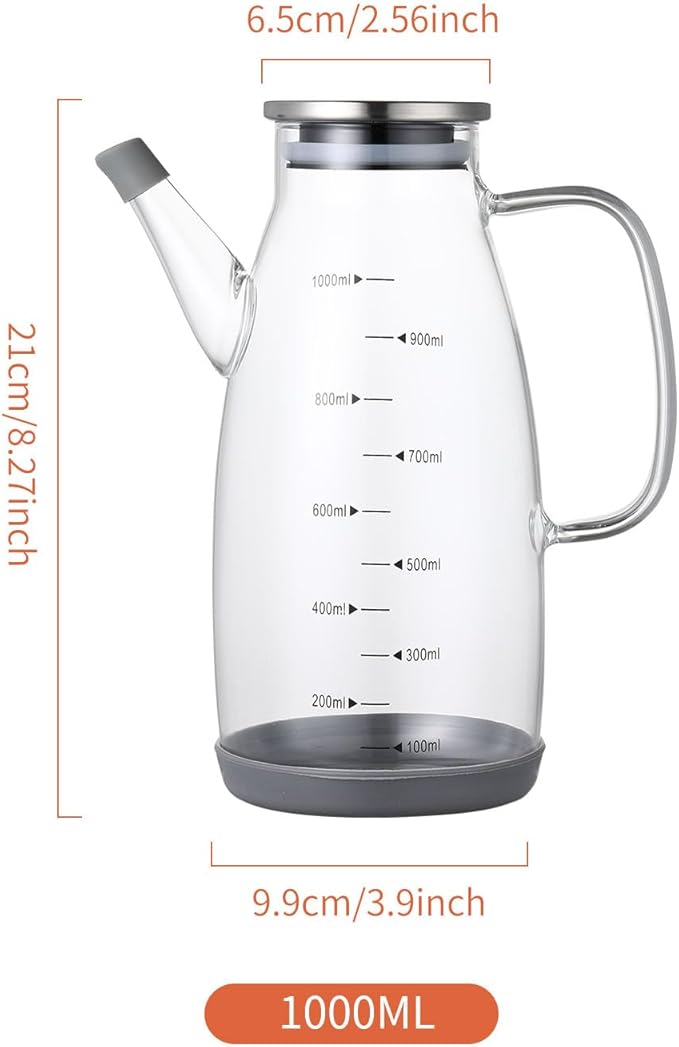 Large Glass Oil Dispenser Bottle for Kitchen Cooking Recipiente Para Aceite De Cocina Olive Oil Vinegar Dispenser Cruet Stainless Steel Lid No Drip Liquid Container (Clear, 34oz /1000ml)-Ruum Studio Home