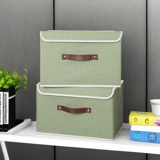 ANMINY 2PCS Storage Bins with Lid PU Leather Handles Storage Boxes PP Plastic Board Decorative Foldable Lidded Cotton Linen Fabric Home Cubes Baskets Closet Organizer Containers - Green, Large Size-Ruum Studio Home