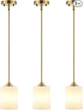 Modern Gold Pendant Light 3 Pack Brushed Brass Mid Century Chandelier White Cylinder Glass Shades Adjustable Rods Farmhouse Ceiling Hanging Lighting Fixture Kitchen Island Dining Room Bedroom-Ruum Studio Home