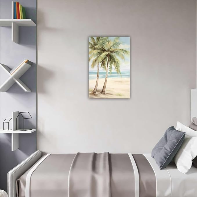 LURENCZH Tropical Beach Canvas Wall Art Seaside Palm Tree Picture Wall Decor Ocean Scenery Painting Prints for Bathroom Decor Framed(Beach-2,16.00" x 24.00")-Ruum Studio Home