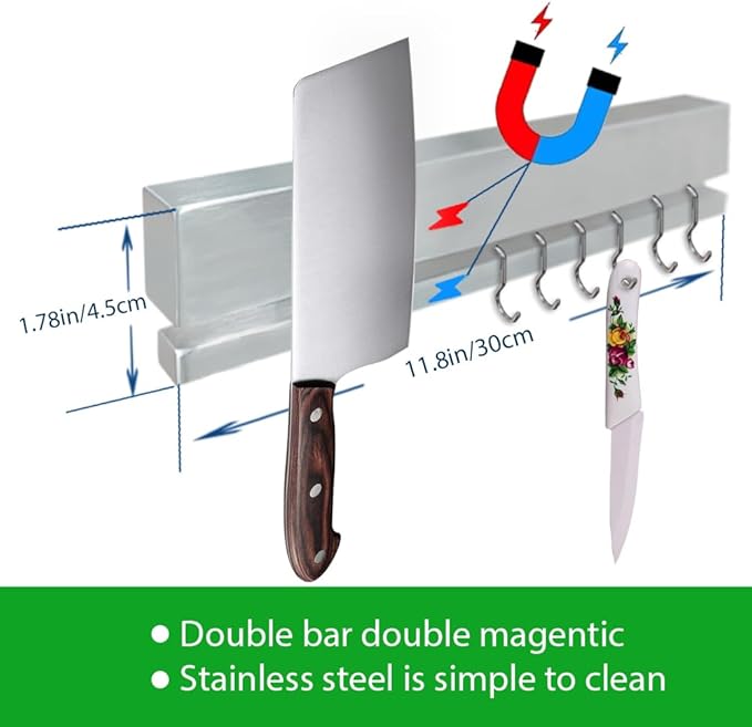 YIIYIIN 12" Premium 304 Stainless Steel Double-Sided Magnetic Knife Holder for Wall or Fridge -with Adhesive Strip, No Drill -6 Hooks Included for Kitchen Utensils-Ruum Studio Home