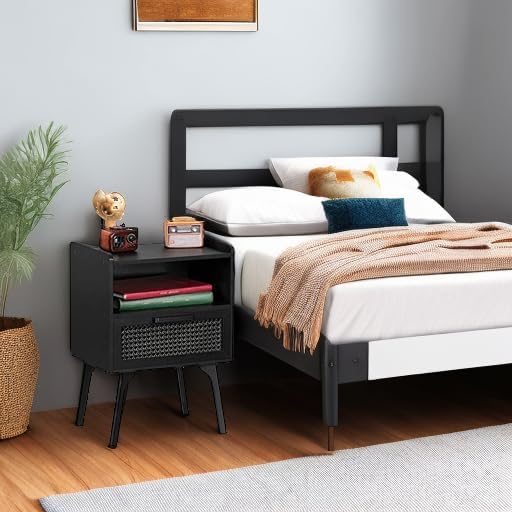 Lerliuo Rattan Nightstand, Side Table with Drawer Open Shelf, Cane Accent Bedside End Table with Solid Wood Legs, Mid Century Modern Night Stand for Bedroom, Dorm and Small Spaces (Black)-Ruum Studio Home