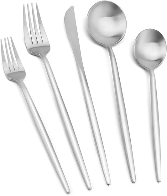 Matte Silverware Set, Vanys 20 Piece Stainless Steel Cutlery Flatware Set, Kitchen Utensil Sets for 4, Tableware With Knife Spoons And Forks Set, Satin Finished Polished-Ruum Studio Home