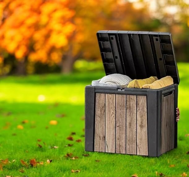 Outdoor Storage Box, Wood-Look Resin Deck Container, Indoor/Outdoor Storage, Ash Wood Brown (30 Gallon)-Ruum Studio Home