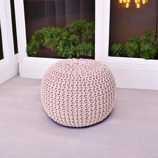 REDEARTH Round Pouf Ottoman - Hand Knitted Boho Poof Home Décor Pouffe Circular Footrest for Living Room - Bedroom - Lounge - 100% Cotton (19.5"x19.5"x14") - Pale Pink-Ruum Studio Home