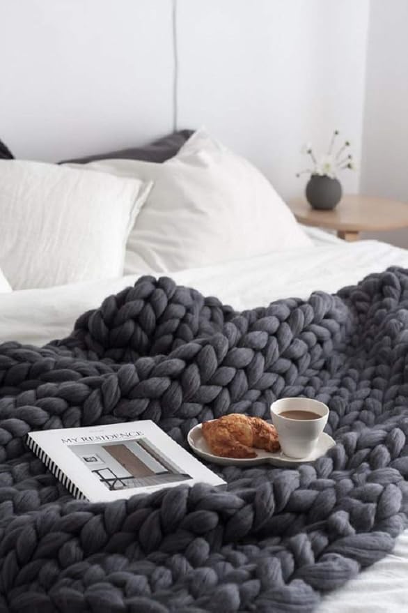Chunky Knit Throw Bulky Merino Sofa Blanket Hand-Made Super Large Chair Mat Rug(Dark Gray 40"x60")-Ruum Studio Home