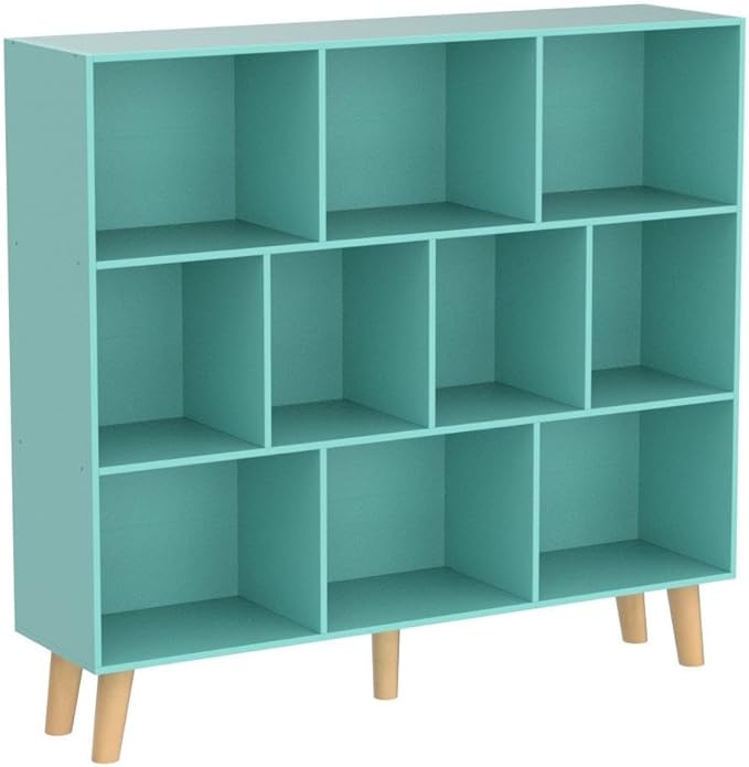 LEYAOYAO 10 Cube Bookshelf,3 Tier Modern Wide Bookcase with Legs,Mid-Century Wood Bookshelves Storage,Mint-Green Large Book Case,Freestanding Organizer Display Shelf for Bedroom,Living Room,Office-Ruum Studio Home