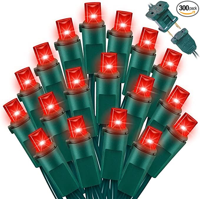 Red Wide Angle LED Christmas Lights, 64.8 Ft 300 Count, Pack of 3 Strands 21.9 Ft 100 Lights UL Certified Commercial Grade Green Wire 5mm Holiday String Light-Ruum Studio Home