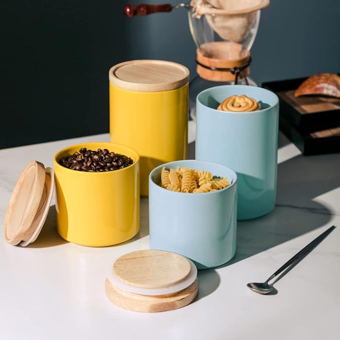 Sweejar Kitchen Canisters Ceramic Food Storage Jar, Stackable Containers with Airtight Seal Wooden Lid for Serving Ground Coffee, Tea, Sugar, Salt and More - 28 Fl Oz (Dark Turquoise)-Ruum Studio Home