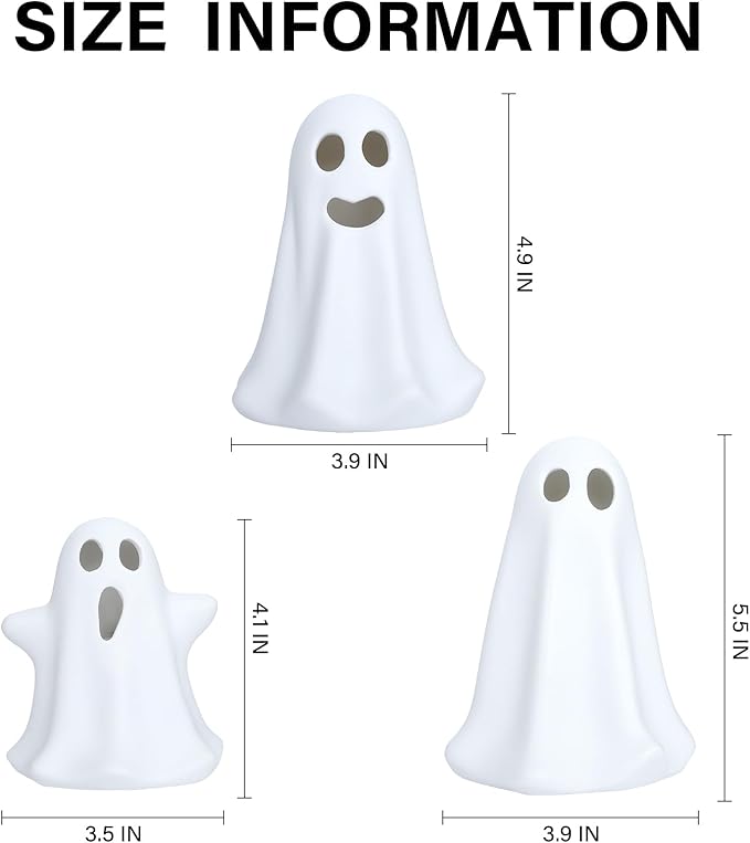 [Timer] Light Up Ghost Halloween Decor, 3 Pcs Ceramic Halloween Ghost Decorations Indoor, Cute White Ghost Figurines Statue for Indoor Decor Home Table (A)-Ruum Studio Home