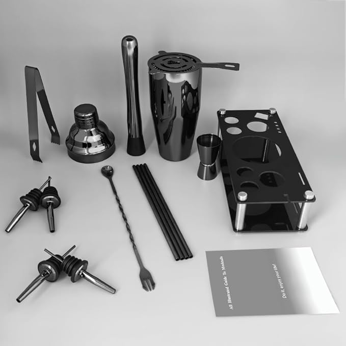 14-Piece Cocktail Shaker Set Bartender Kit with Black Stand, Bar Tool Set for Drink Mixing Bartending Kit Bar Sets Accessories: 750ml(25oz) Shaker, Jigger, Muddler, Cocktail Recipes (Black)-Ruum Studio Home