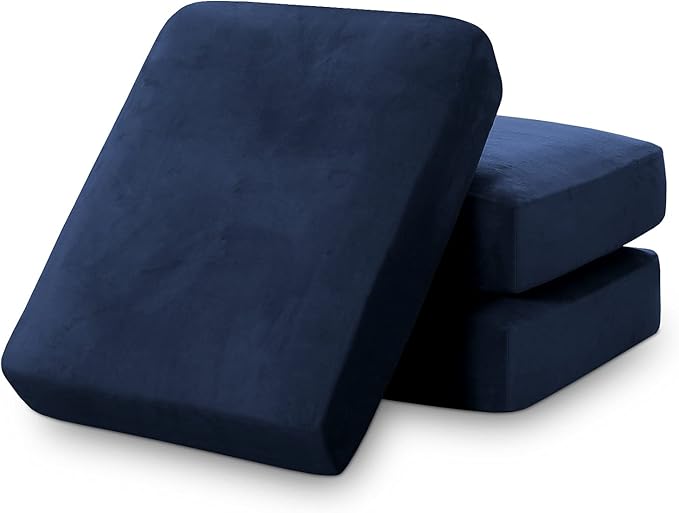 PrinceDeco Couch Cushion Covers, Stretch Washable Sofa Cushion Cover, Fitted Sofa Slipcover Velvet Fabric Non-Slip Furniture Protector for Dog,Pets, Kid (Each Width Up to 29.5", Navy)-Ruum Studio Home