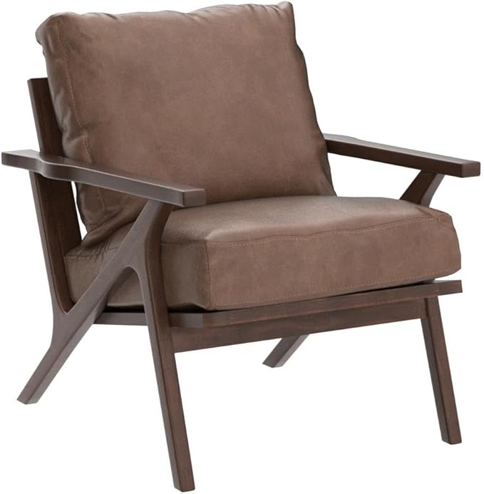 Wahson Brown Leather Accent Chair - Mid Century Modern Retro Upholstered Armchair with Wood Frame and Removable PU Cushions - Large Compfy Leisure Slipper Chair for Living Room/Bedroom (Set of 2)-Ruum Studio Home