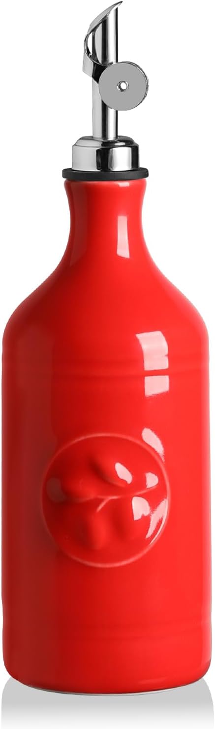 Sweejar 16 Oz Ceramic Olive Oil Dispenser Bottle, Oil Dispenser for Kitchen with Gravity Spout, Relief Opaque Oil Container for Evoo, Avocado Oil, Vinegar, Soy Sauce, 1 Pack(Red, Silver Spout)-Ruum Studio Home