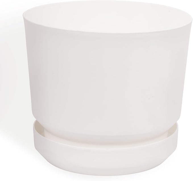 Elly Décor 12 inch Plastic Cylinder Planter Pot with Self-Watering Saucer and Drainage Hole,Lightweight & Extremely Durable, 12"x 12", White-Ruum Studio Home