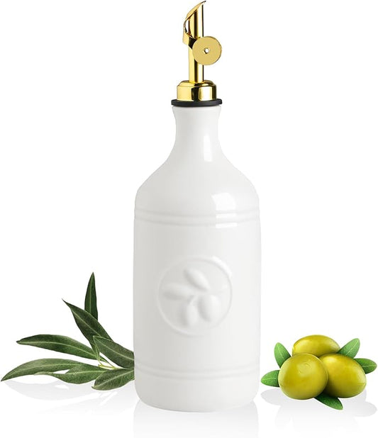 Sweejar 16 Oz Ceramic Olive Oil Dispenser Bottle, Oil Dispenser for Kitchen with Gravity Spout, Relief Opaque Oil Container for Evoo, Avocado Oil, Vinegar, Soy Sauce, 1 Pack(White, Gold Spout)-Ruum Studio Home