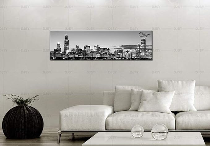 DJSYLIFE Chicago Skyline Wall Art - Black and White Modern Panoramic Cityscape Night View Picture Painting Bedroom Office Living Room Kitchen Home Decoration - Ready to Hang 13.8 "x 47.3" - Chicago 2-Ruum Studio Home
