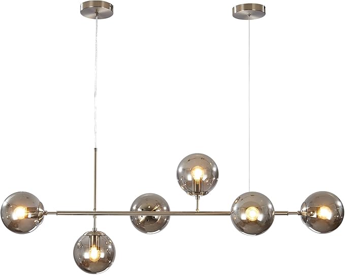 KCO Modern 6-Light Ceiling Pendant Lighting Mid-Century Glass Globes Sputnik Pendant Lamp Hanging Adjustable Chandelier for Kitchen Island Living Dining Room (Silver+Smoke Grey)-Ruum Studio Home