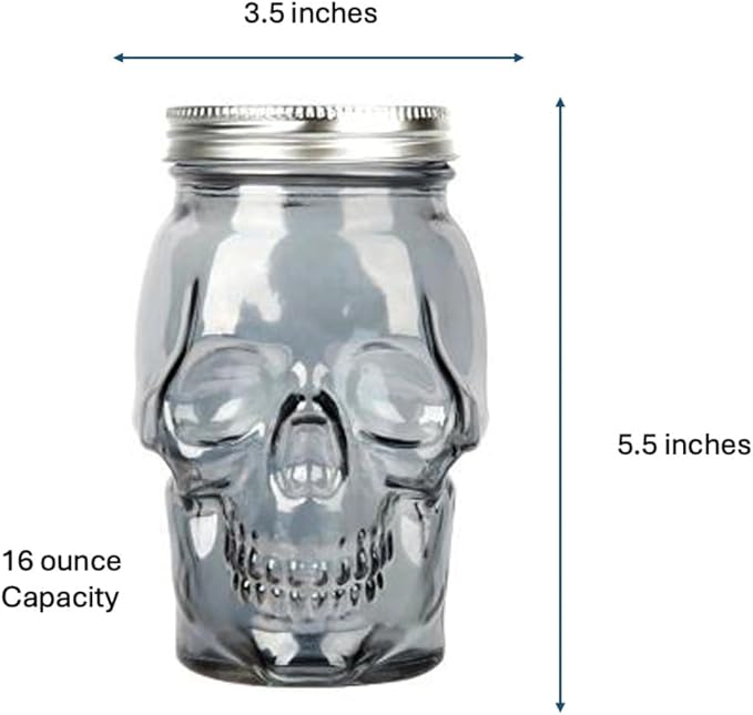 Set of 2 Skull Mason Jar Glasses with Lids | 16oz Reusable Halloween Drinking Glasses | Unique Skull Décor, Storage, & Canning Jars for Parties & Gifts-Ruum Studio Home