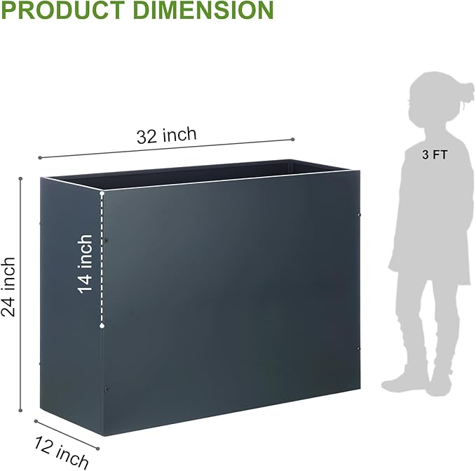 BAYN Metal Rectangular Planter Box Tall Planters for Outdoor Plants Modern Heavy Duty with Drainage Holes for Outside Indoor Patio Deck - Grey, 32”x 12”x 24”-Ruum Studio Home