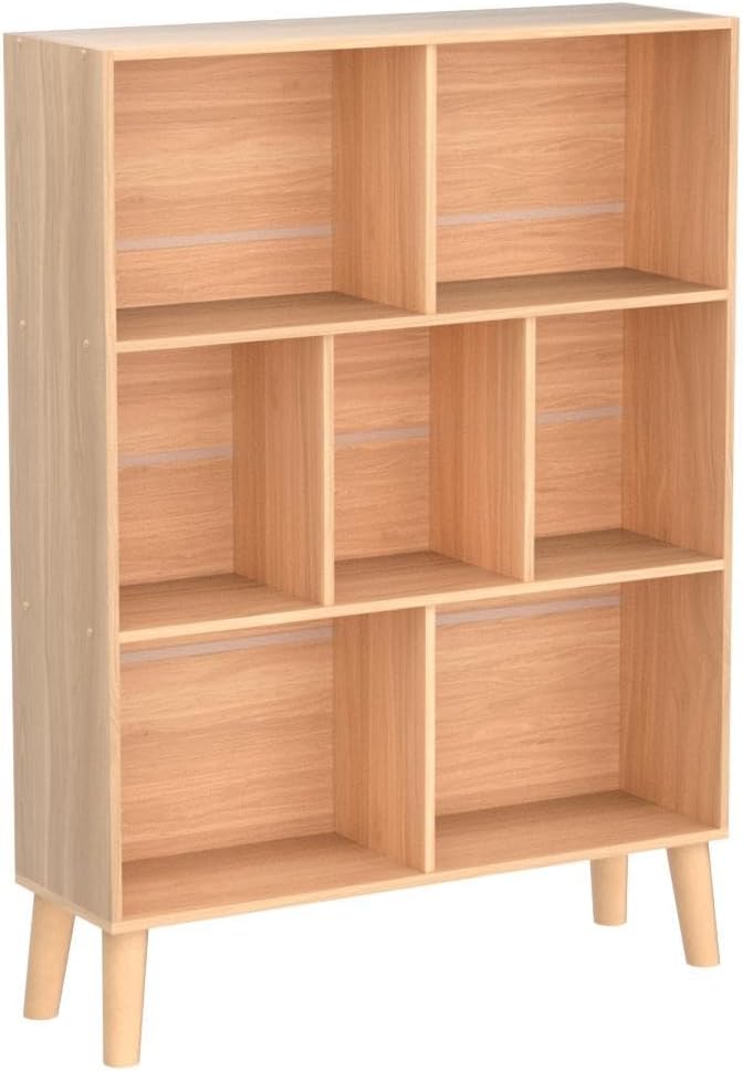 LEYAOYAO Wooden 7 Cube Book Shelf, Natural 3 Tier Bookshelf with Legs, Modern Open Storage Organizer,Boho Bookcase,Display Cabinet Shelf Free Standing Bookshelves for Bedroom,Living Room,Office-Ruum Studio Home
