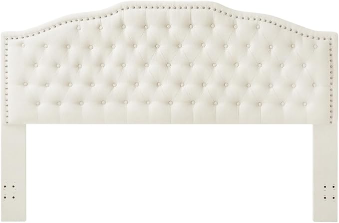 24KF Upholstered Button Tufted King Size Headboard with Nailhead Trim, Elegant Boucle Fabric California King headboard, 6031-K-Boucle-Ivory-Ruum Studio Home