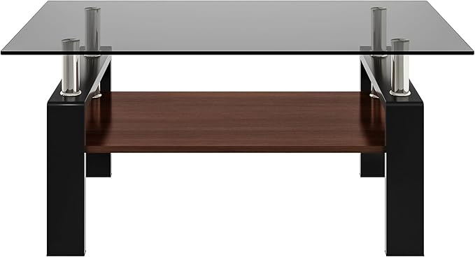 Glass Coffee Table Rectangle Living Room Center Table, with Gray Tempered Glass Tabletop and Brown MDF Layer,for Living Room and Office, Gray+Brown-Ruum Studio Home