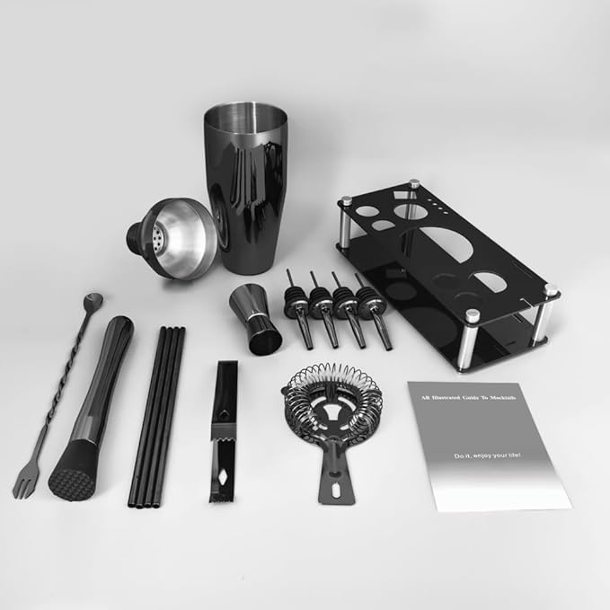 14-Piece Cocktail Shaker Set Bartender Kit with Black Stand, Bar Tool Set for Drink Mixing Bartending Kit Bar Sets Accessories: 750ml(25oz) Shaker, Jigger, Muddler, Cocktail Recipes (Black)-Ruum Studio Home