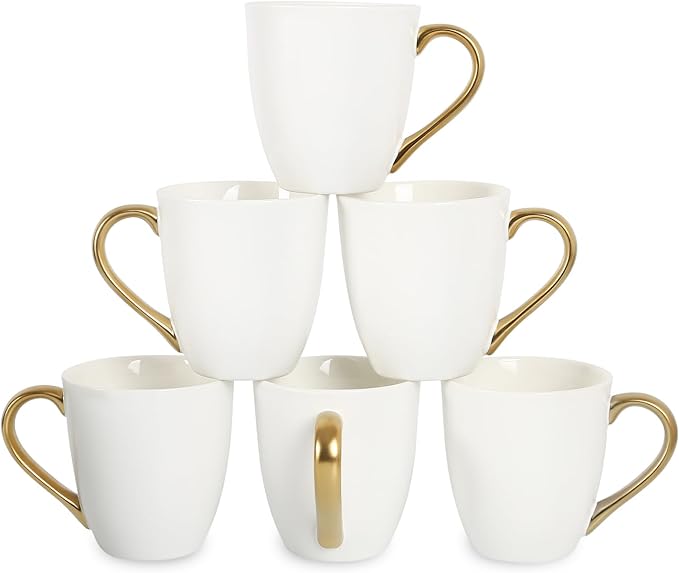 vicrays Coffee Mug Set, 11 Ounce, Set of 6, Ceramic Mug for Men, Women, Unique Glazed Mugs with Handle for Coffee, Tea, Milk, Cocoa, Cereal(White with Golden)-Ruum Studio Home