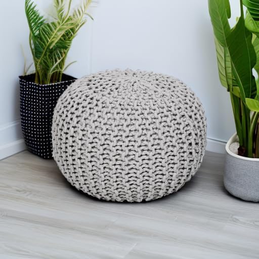 REDEARTH Round Boho Pouf Ottoman - Cable Knitted Cord Boho Pouffe - Stuffed Poof Accent Beanbag Footrest for Living Room - Nursery - Bedroom - Covered Patio - Study Nook (19.5"x19.5"x14") - Gray-Ruum Studio Home