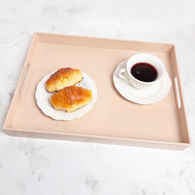 Beige Decorative Tray, Rectangular Large Serving Tray with Handles, Plastic Coffee Table Tray for Ottoman, Living Room, Kitchen Tabletop, 15.7” x 11.8” x1.6”-Ruum Studio Home