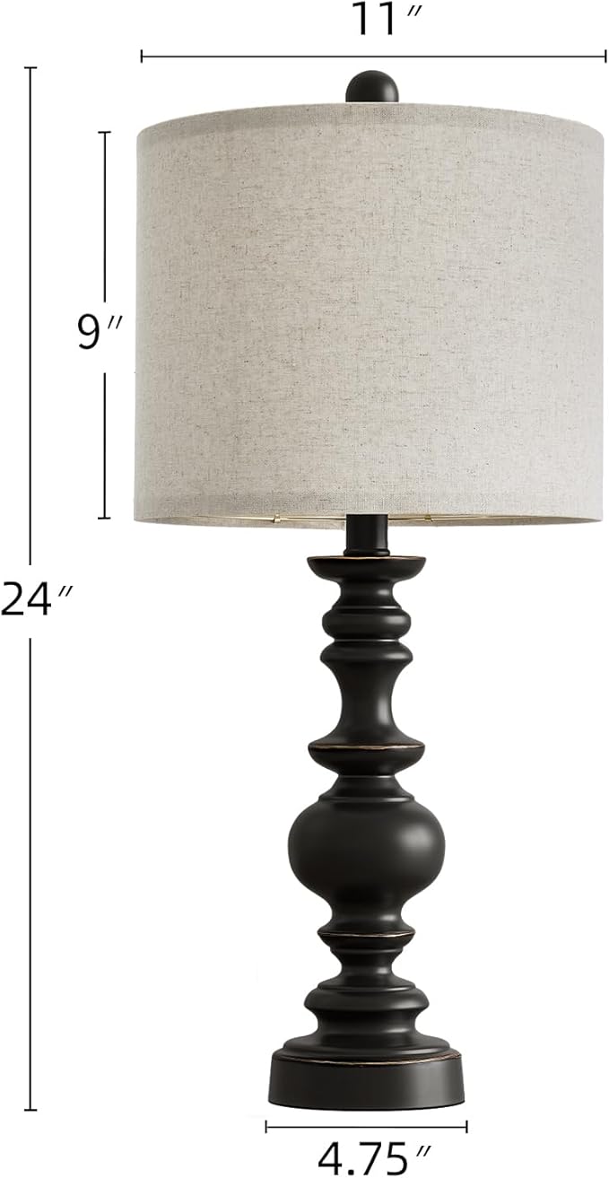 BOBOMOMO 24" Traditional Farmhouse Table Lamp Set of 2, Vintage Resin Lamps for Living Room Bedroom, Rustic Nightstand Lamp with Linen Shades, Retro Black Table Lamps for Living Room, Bedroom, Office-Ruum Studio Home