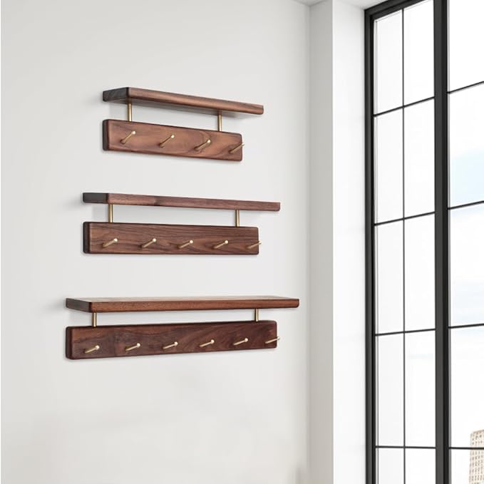 Shelf with Hooks, Solid Wood Bedroom Shelves for Wall, Wooden Coat Rack Wall Mount for Bathroom, Kitchen, Door Entryway (Walnut, 30cm/11.81inch)-Ruum Studio Home