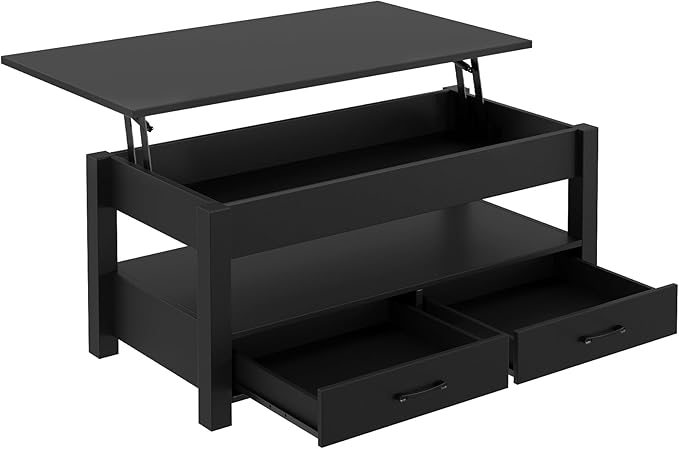 Rolanstar Coffee Table, 47.2" Lift Top Coffee Table with Drawers and Hidden Compartment, Retro Central Table with Wooden Lift Tabletop, for Living Room,Black-Ruum Studio Home