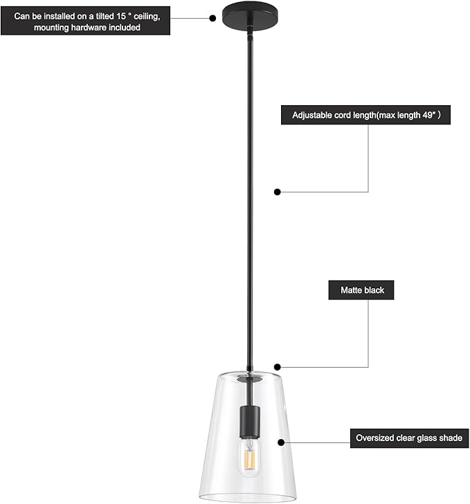 Black Big Pendant Lights Kitchen Island - Clear Glass Pendant Light Fixture Multiple Stems Rods 3 Units 12 Inch 3 Units 4 Inch (2 Pack Black Downrod Pendant with 7.5in W 9.5in H Shade)-Ruum Studio Home