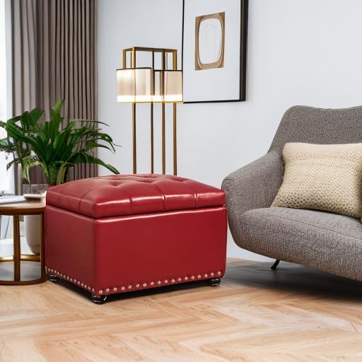 24'' Leather Storage Ottoman Rectangular Foot Rest Stool with Nailhead Trim for Bedroom Living Room(Red)-Ruum Studio Home