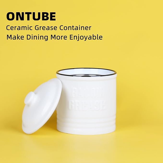 Ceramic Bacon Grease Container Keeper with Strainer,1L Frying Oil Storage Can White-Ruum Studio Home
