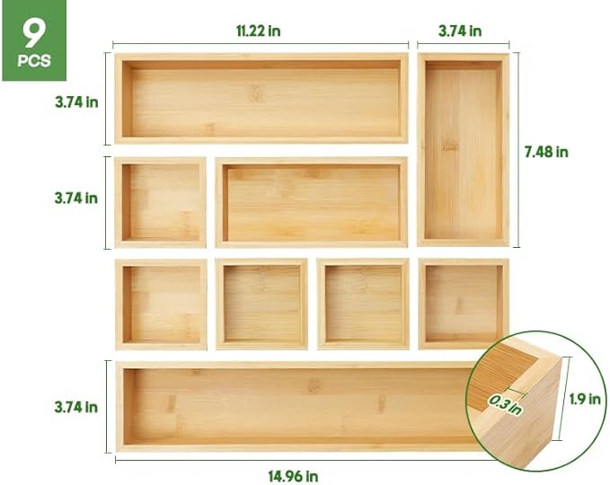 Bamboo Drawer Organizer Set, 9 PCS Multi-Use Individual Wood Storage Organizers, Junk Drawer Divider and Storage Trays Containers for Kitchen, Bathroom, Office Desk, Makeup, Jewelry, Utensils-Ruum Studio Home