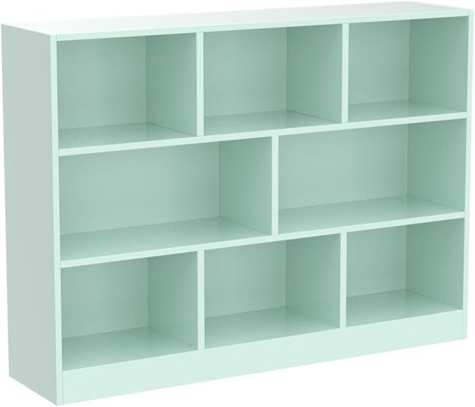 IOTXY Open Shelf Low Bookcase - Wooden 3-Tier Floor Standing Display Cabinet Organizer with Base, 8 Cubes Short Horizontal Bookshelf in Tiffany-Green-Ruum Studio Home