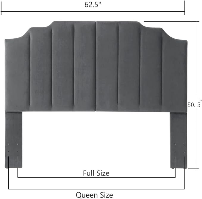 24KF Dark Gray Velvet Tufted Queen Upholstered Headboard, Modern Vertical Channel Design California Queen/Full Headboard with Stepped Silhouette Top Edge,Dark Gray-Ruum Studio Home