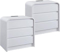 25" Tall Modern Nightstand Set of 2, 23.6" Wide Wood Bedside Table with Charging Station, 3 Storage Drawers Side Table w/Curved Profile Design, End Table for Bedroom, White-Ruum Studio Home