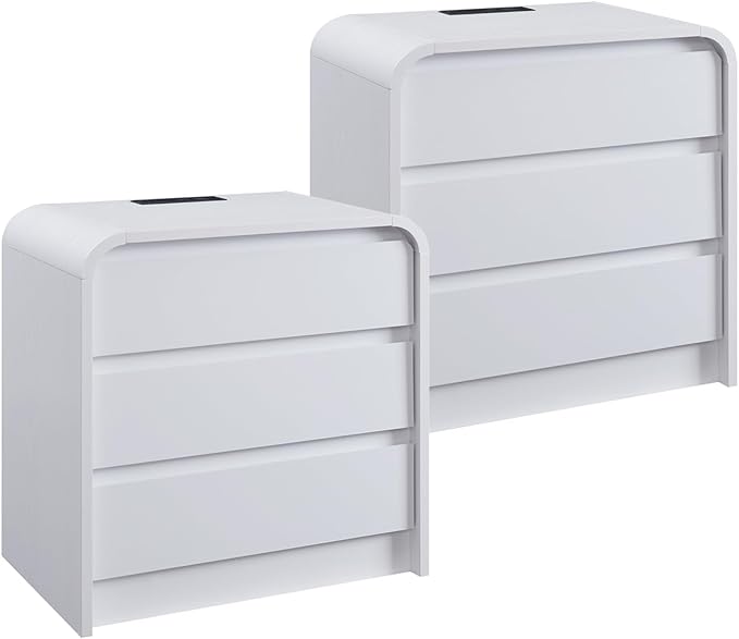 25" Tall Modern Nightstand Set of 2, 23.6" Wide Wood Bedside Table with Charging Station, 3 Storage Drawers Side Table w/Curved Profile Design, End Table for Bedroom, White-Ruum Studio Home