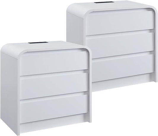 25" Tall Modern Nightstand Set of 2, 23.6" Wide Wood Bedside Table with Charging Station, 3 Storage Drawers Side Table w/Curved Profile Design, End Table for Bedroom, White-Ruum Studio Home