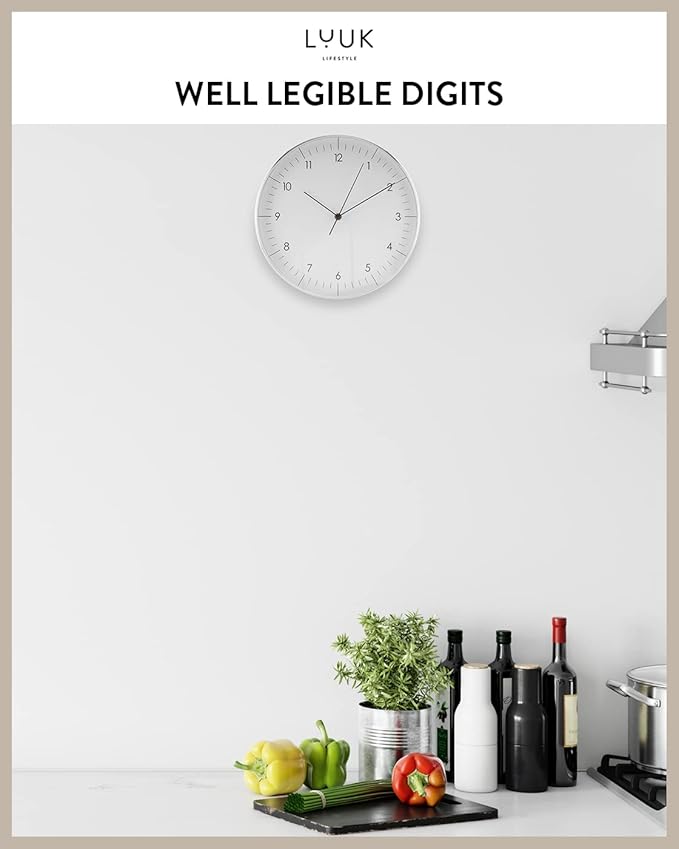 LUUK LIFESTYLE Modern Wall Clock Without Ticking, Pure Minimalist Design, legible Digits, Home Decor for Living Room, Office, in White and Silver-Ruum Studio Home