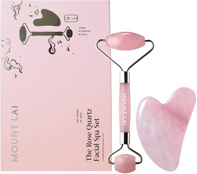 Mount Lai Rose Quartz Gua Sha Facial Tools, Pink Quartz Gua Sha Facial Tools Set and Roller, Guasha Tool for Face to Relieve Muscle Tension and Reduce Puffiness, Anti Aging Skin Care Sets for Women-Ruum Studio Home