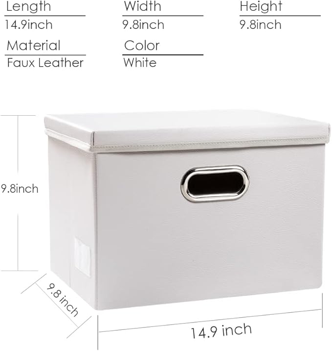 PRANDOM Collapsible Storage Bins with Lids [3-Pack] Leather Fabric Foldable Storage Boxes Organizer Containers Baskets Cube with Cover for Bedroom Closet Office Nursery White (14.9x10.8x10)-Ruum Studio Home